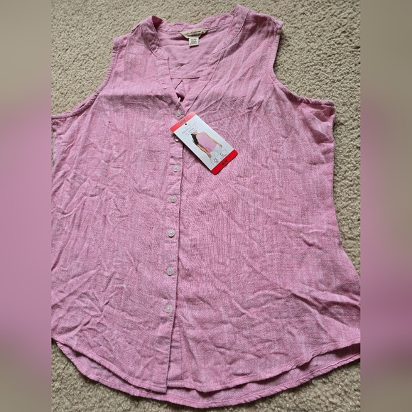 50. NWT Linen Blend Sleeveless Button Down Soft Pink Weatherproof Vintage - Picture 2 of 7